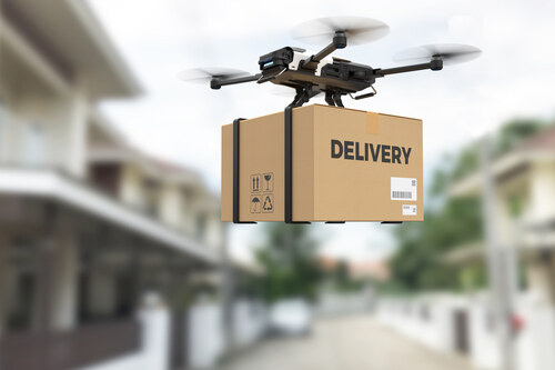 a drone flying with a delivery package