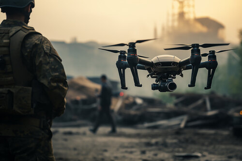 drone being used in a battlefield with a soldier next to it.