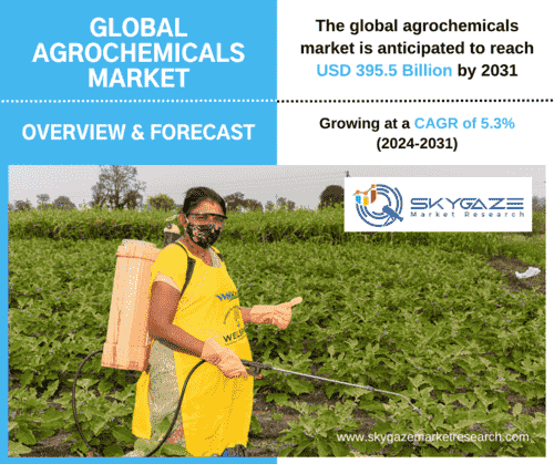 market details about the global agrochemicals market along with a woman spraying agrochemicals in a farm.