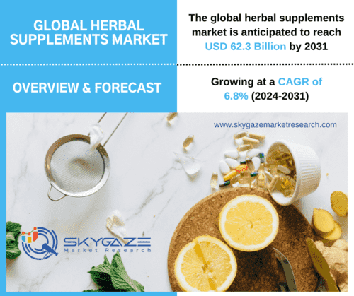 market details about the global herbal supplements market along with an image of herbal supplement capsules and herbs.