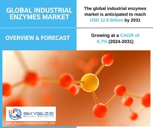 market details about the global industrial enzymes market along with an image of chemical bonding.