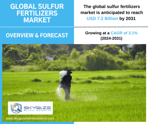 market details about global sulfur fertilizers market along with a man spraying fertilizers in a filed.